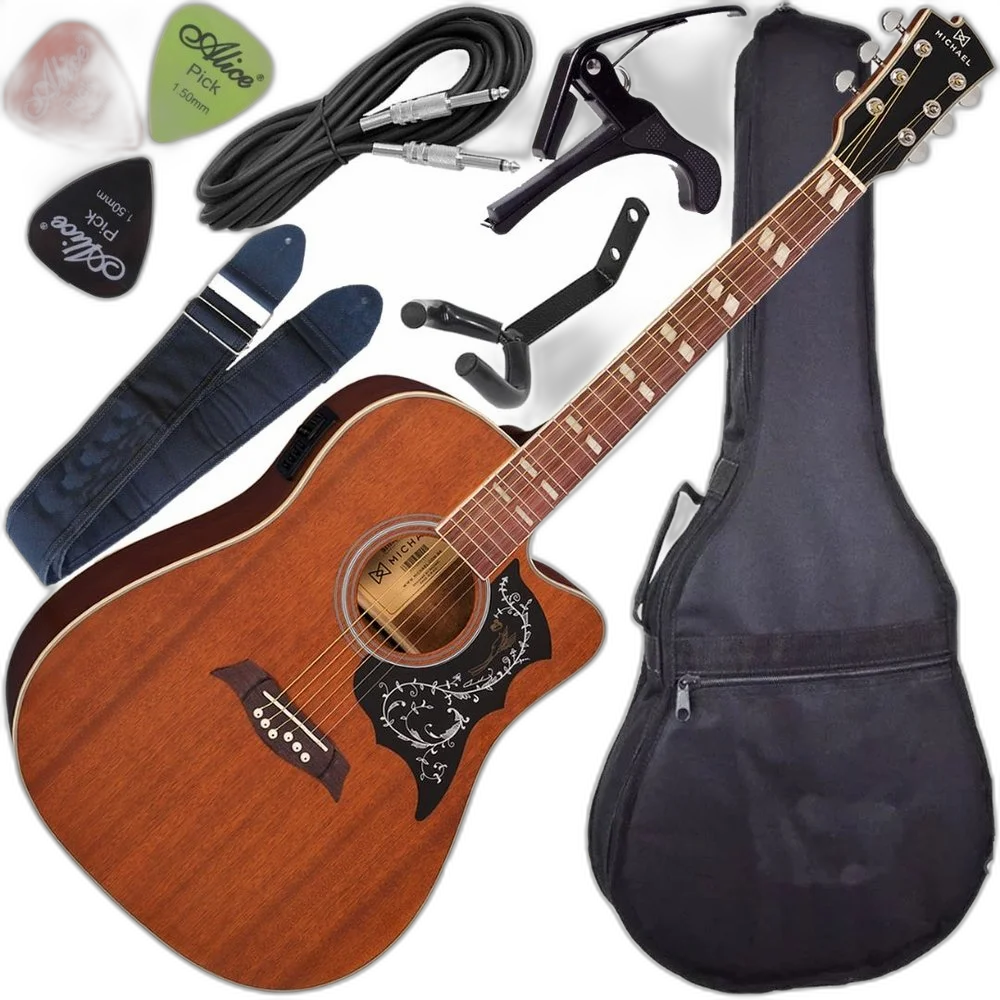Kit Violão Elétrico Folk Michael Cutaway Vm925 Dtc Mahogany