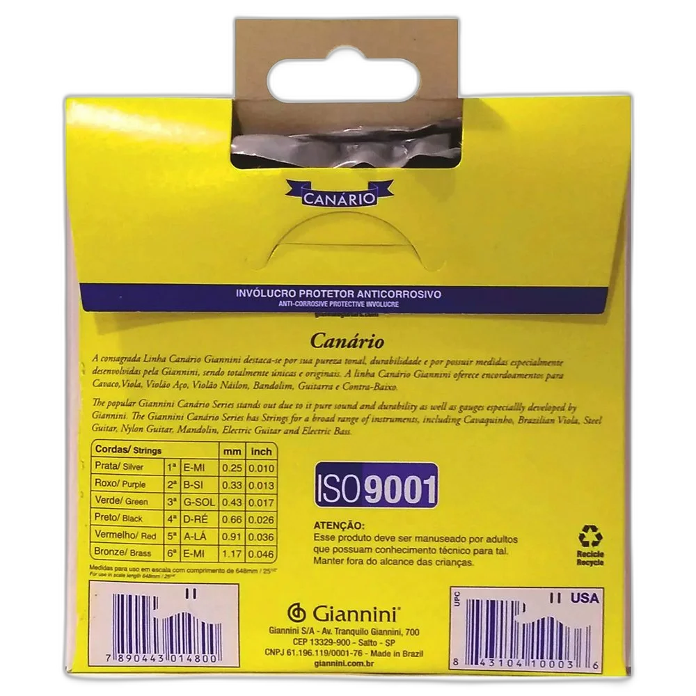Encordoamento Guitarra 6 Cordas Giannini Canário GESGT10 (.010 – .046)