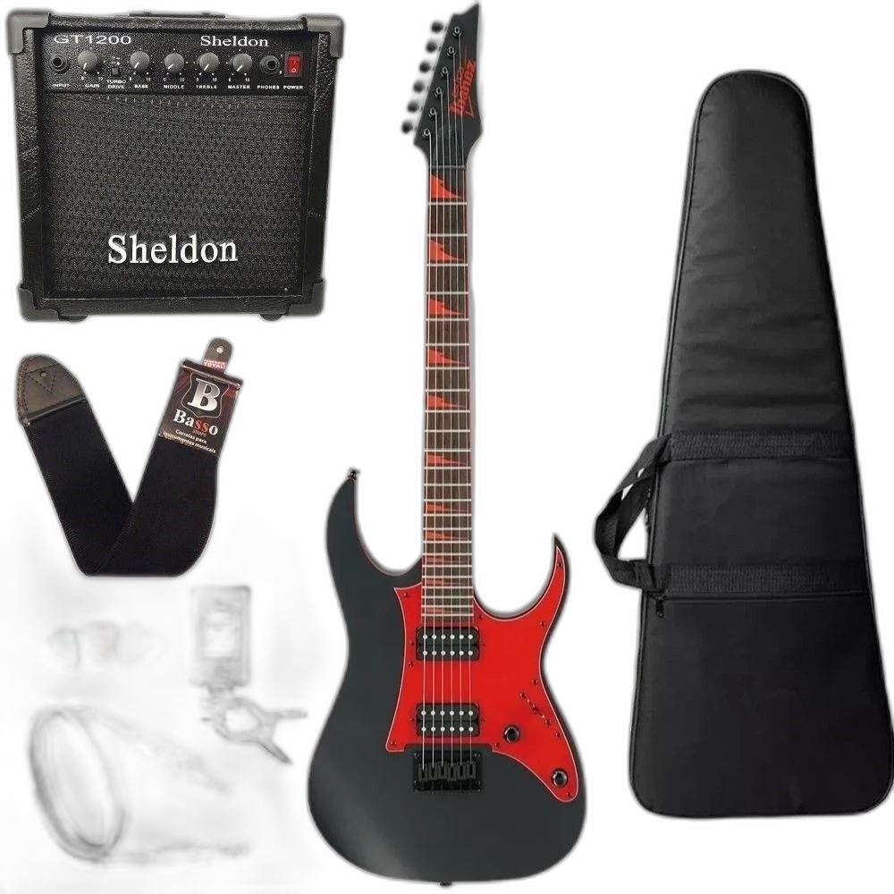 Kit Guitarra Ibanez Grg 131dx Preta escudo vermelho + cubo