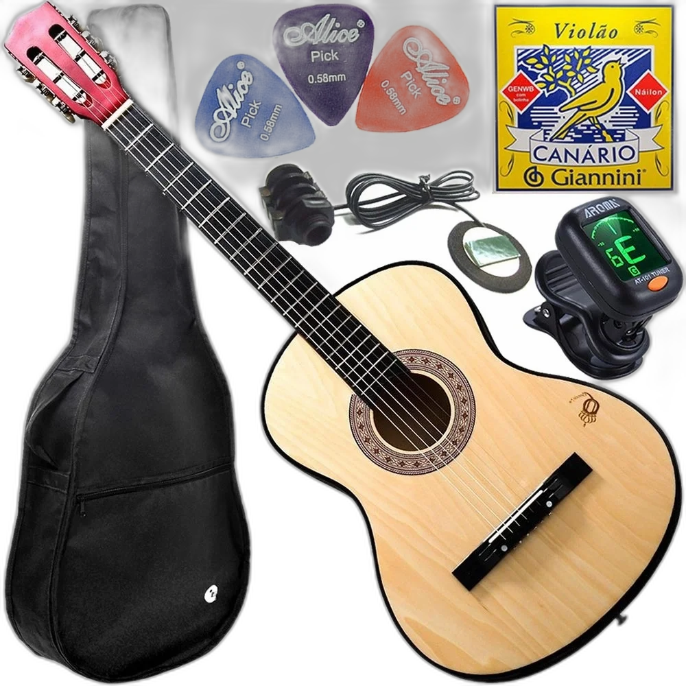 Kit Violão Barato Eletroacústico Nylon Canhoto Queens Nt