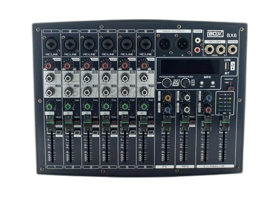 Mesa de Som Boxx BX6 com 6 Canais, Bluetooth, USB, MP3, Rec, FX e Interface