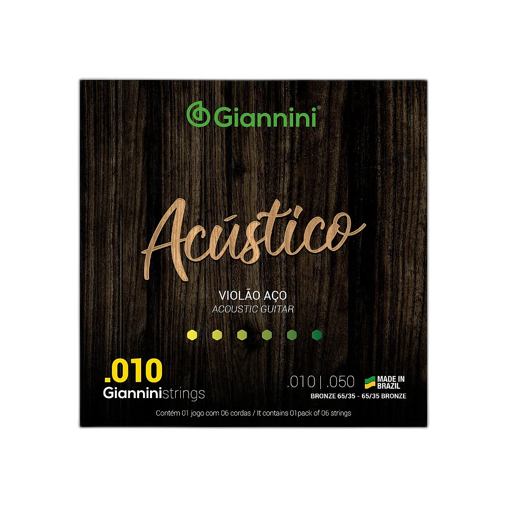 Encordoamento Violão Aço 6 Cordas Giannini Acústico Bronze 65/35 GESWAM (.010 – .050)