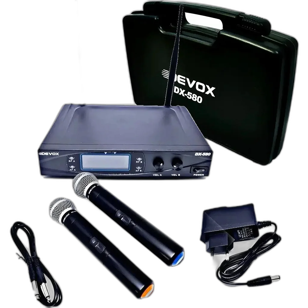 Microfone Sem Fio Duplo Com Visor Digital Devox Uhf Dx-580