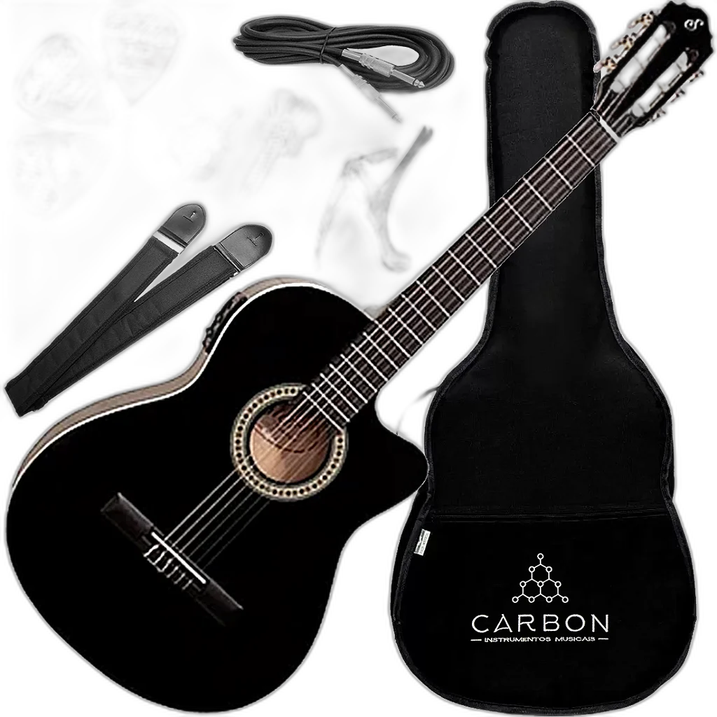 Kit Violão Flat Giannini Eletroacústico NF-14 Ceq Bk Nylon Cutaway Preto