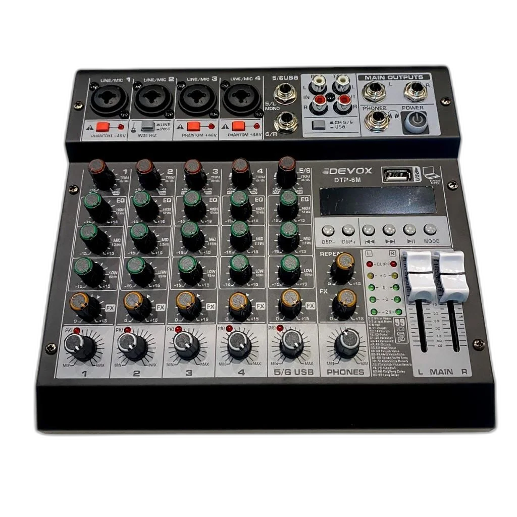 Mixer DTP-6M Devox Mesa de Som 6 Canais USB Bluetooth Phantom Power 48V