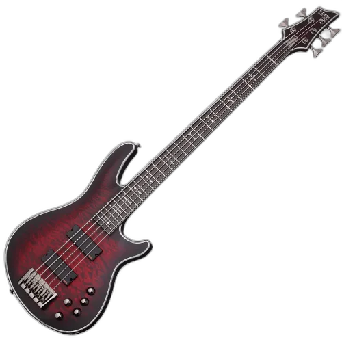 Contrabaixo Schecter Hellraiser Extreme-5 Crimson Red Burst Satin com Captadores EMG 40TW e Ponte Schecter Custom Bass String Thru 1919
