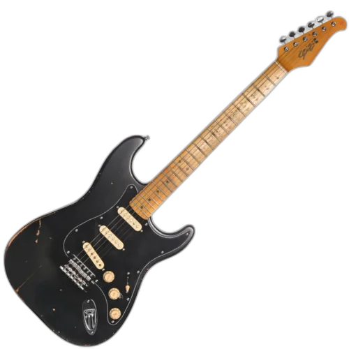 Guitarra Seizi Shinobi Relic Black SSS com Corpo Alder Braço Maple Perfil C Thin Captadores Seizi Vintage Alnico V Ponte Tremolo 6 Parafusos Trastes Inox e Case 10360713