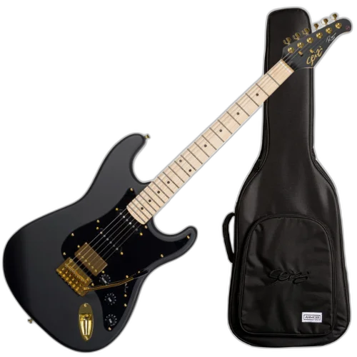 Guitarra Seizi Vintage Budokan HSS Reinaldo Meirelles Satin Black Gold com Captadores Seizi Jutsu Alnico V Ponte Flutuante 2 Pivôs Ferragens Douradas e Bag 10361044