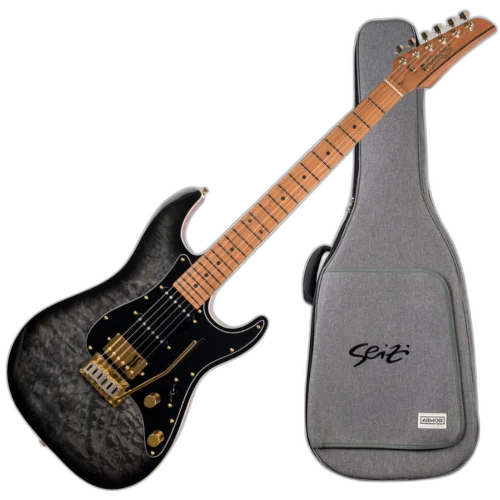Guitarra Seizi Katana Musashi Plus Quilted Black Gold com Captadores Seizi Jutsu Alnico V HSS Ponte Flutuante 2 Pivôs e Bag 10361250