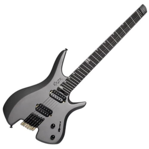 Guitarra Michael Raze GMR500 Headless Titanium Grey Satin com Captadores Humbucker Alnico V Corpo Okoume Braço Roasted Maple e Escala Purple Heart