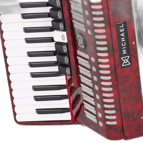 Acordeon Michael ACM8007N Vermelho Perolado 80 Baixos 7 Registros Terça de Voz 37 Teclas Palhetas Aço Inoxidável Fole Linho Couro Bag com Rodinhas e Alça