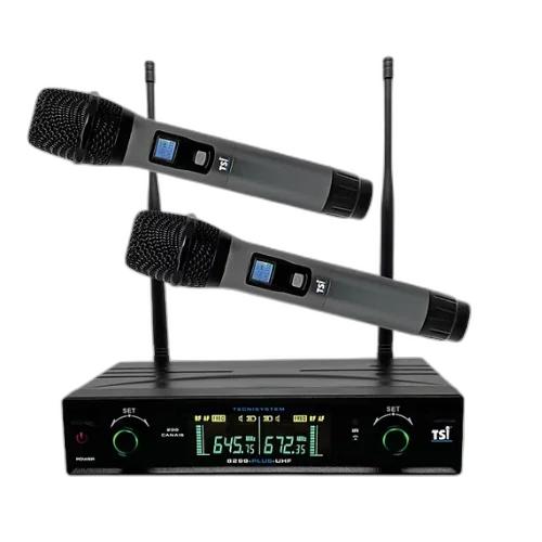 Microfone Sem Fio TSI 8299 Plus UHF com Receptor Duplo Display Digital 200 Canais Bodypack Monitor de Bateria e Processo Exclusivo Ghostless