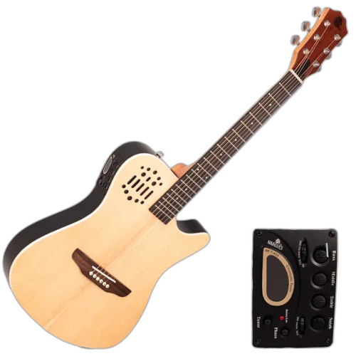 Violão Eletroacústico Marquês VA-144 NS EQ Natural Fosco com Equalizador Ativo MET-A08 4 Bandas Corpo Flat Travel Baby Cutaway Tampo Pinho Branco e Laterais Fundo Plywood