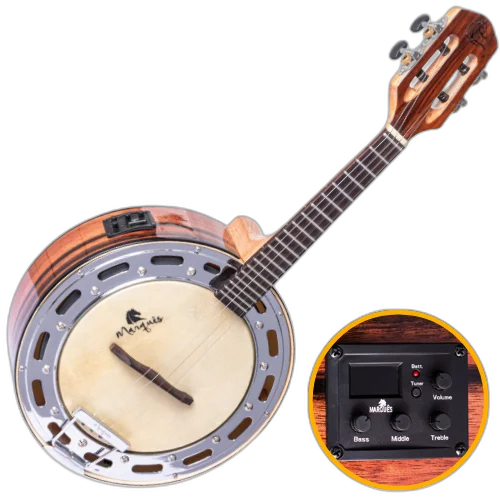 Banjo Eletroacústico Marquês BAJ-177NTEQ Natural Brilho com Equalizador Ativo A-20 3 Bandas Afinador Aro Cromado Pele Caprina 8" Corpo Ébano Braço Cedro e Escala Rosewood