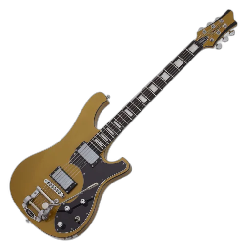 Guitarra Schecter Stargazer-6 Vibrato MG Metallic Gold com Corpo em Mogno Braço em Maple 3 Peças Set-Neck Escala em Ébano com 22 Jumbo Frets Captadores Schecter USA SuperRock Vintage 677