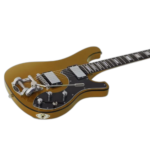 Guitarra Schecter Stargazer-6 Vibrato MG Metallic Gold com Corpo em Mogno Braço em Maple 3 Peças Set-Neck Escala em Ébano com 22 Jumbo Frets Captadores Schecter USA SuperRock Vintage 677