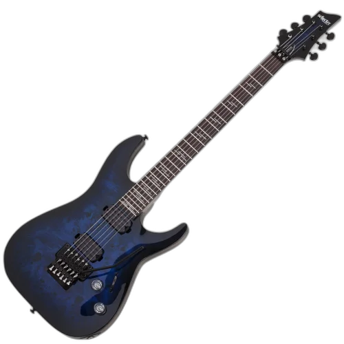Guitarra Schecter Omen Elite-6 FR See Thru Blue Burst com Corpo em Mogno e Braço Maple Bolt-on Perfil Thin Escala em Rosewood com Captadores Schecter Diamond Heretic HH Ponte Floyd Rose Special 2455