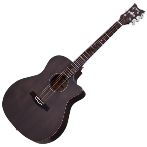 Violão Acústico Schecter Deluxe Satin See Thru Black com Tampo Spruce Fundo e Laterais Mogno Braço Mogno Set-Neck Dovetail Perfil Thin Escala Pau-Rosa com 20 Trastes Médios Nut Osso e Ponte Pau-Rosa 3716