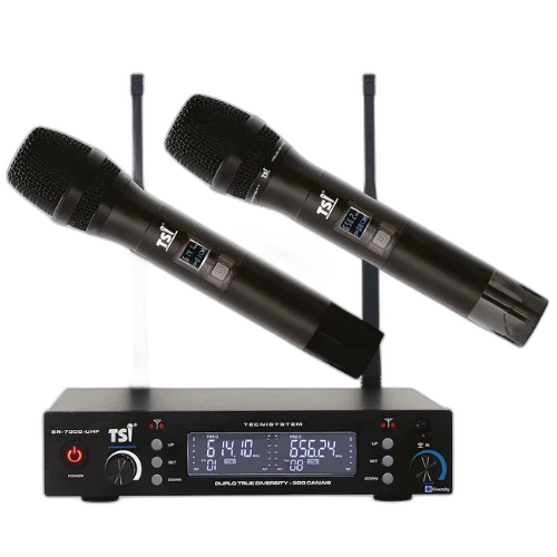 Microfone Sem Fio TSI BR 7000 UHF Duplo com Tecnologia Duo-4 Diversity e 300 Canais Sistema UHF 614-698 MHz com Receptor True Diversity em Metal 2 Microfones de Mão Super Cardióide SC-8 em Metal Fonte Bivolt