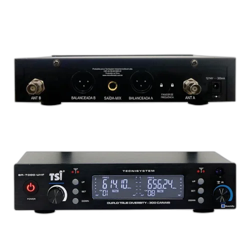 Microfone Sem Fio TSI BR 7000 UHF Duplo com Tecnologia Duo-4 Diversity e 300 Canais Sistema UHF 614-698 MHz com Receptor True Diversity em Metal 2 Microfones de Mão Super Cardióide SC-8 em Metal Fonte Bivolt