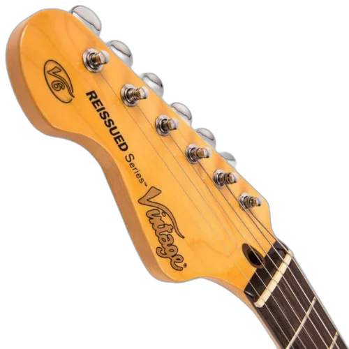 Guitarra Vintage Reissued LV6SSB Strato Canhoto Sunburst com Corpo Poplar Oriental Braço Hard Maple Parafusado Escala Rosewood 22 Trastes 3 Captadores Single Coil Wilkinson Ponte Tremolo Wilkinson