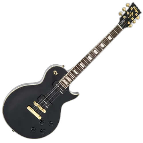 Guitarra Vintage Reissued V100 PBB LP Gold Hard Gloss Black com Corpo Mahogany Top Maple Carved Braço Mahogany Set Neck Escala Rosewood 2 Captadores Humbucker Wilkinson Ponte Tune-O-Matic