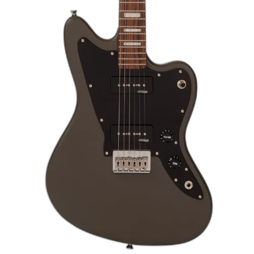 Guitarra Vintage Reissued V65HGY Jaguar Hardtail Satin Grey com Corpo Alder Braço Maple Parafusado Escala Rosewood 2 Captadores Single Coil Wilkinson Ponte Hardtail Compensada