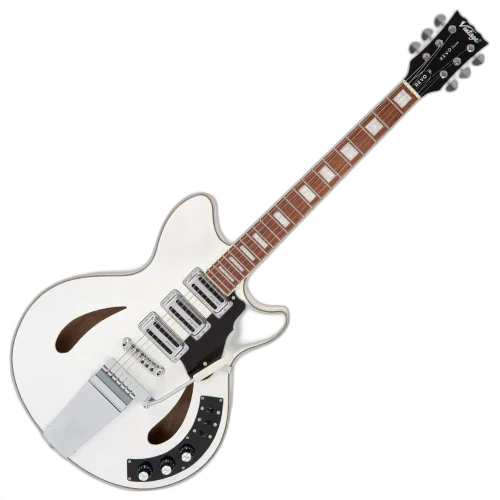 Guitarra Vintage Revo VRS 550 AW Custom Supreme Semi-Acústica Arctic White com Corpo Maple Braço Maple Escala Jatobá 22 Trastes 3 Captadores Alan Entwistle Toaster RT64 Ponte Roller Vibrato Vintage