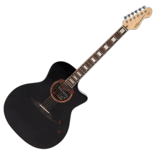 Violão Vintage VRE 900 BK Revo Elektra Eletroacústico Black com Corpo Acacia Tampo Acacia Braço Maple Parafusado Escala Rosewood 20 Trastes Captador Alan Entwistle Astrosonic QX Pré-amplificador com 5-Way Rotary Selector