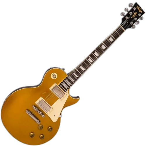 Guitarra Vintage V100 Icon Distressed HH Gold Top com Corpo Mogno Braço Mogno Escala Rosewood 22 Trastes 2 Captadores Humbucker Wilkinson MWVC Ponte Wilkinson TOM