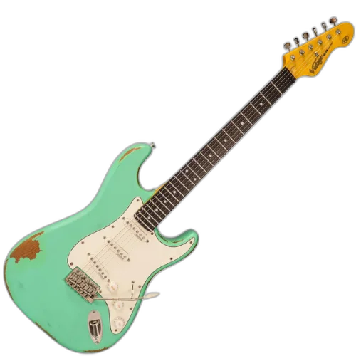 Guitarra Vintage V6 Icon Distressed Ventura Green com Corpo Poplar Braço Maple Escala Rosewood 22 Trastes 3 Captadores Single Coil Wilkinson WVS Ponte Vibrato Wilkinson