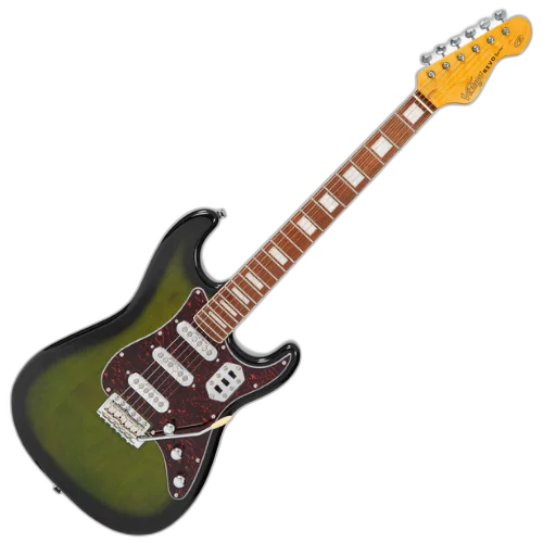 Guitarra Vintage Revo Series Deluxe Greenburst com Corpo Okoume Braço Maple Escala Jatobá 22 Trastes 3 Captadores Entwistle Astrosonic Ponte Vibrato Wilkinson