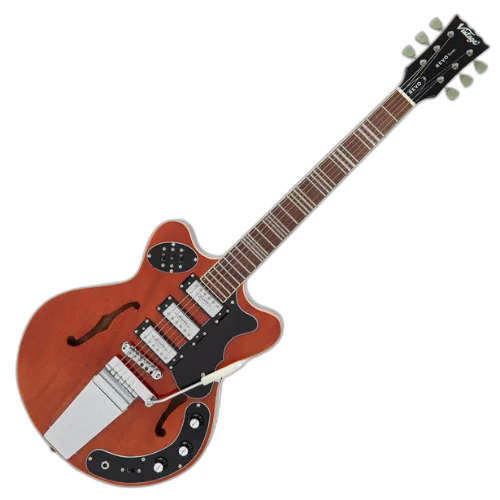 Guitarra Vintage Revo Series Superthin Natural com Corpo Okoume Braço Mogno Escala Jatobá 22 Trastes 3 Captadores Entwistle HFS63 Ponte Roller Vibrato Vintage