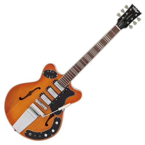 Guitarra Vintage Revo Series Superthin Amberburst com Corpo Okoume Braço Mogno Escala Jatobá 22 Trastes 3 Captadores Entwistle HFS63 Ponte Roller Vibrato Vintage