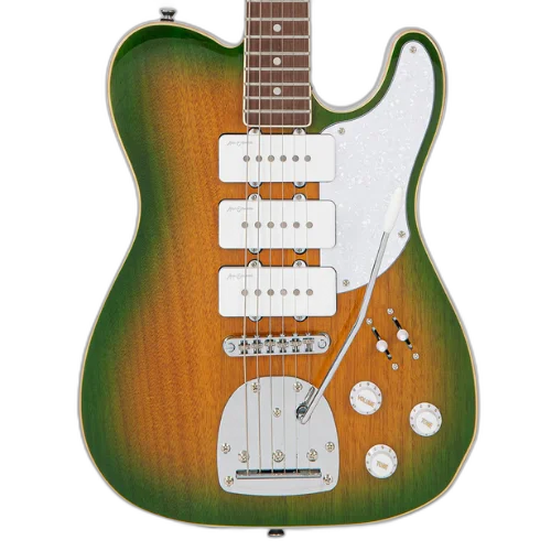 Guitarra Vintage Revo Series Trio Green Yellowburst com Corpo Okoume Braço Maple Escala Jatobá 22 Trastes 3 Captadores P90 Entwistle Ponte Roller Vibrato Offset