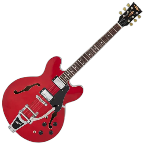 Guitarra Vintage VSA500B Reissued Bigsby Cherry Red com Corpo Maple Braço Mogno Escala Rosewood 22 Trastes 2 Humbuckers Wilkinson Ponte TOM com Bigsby