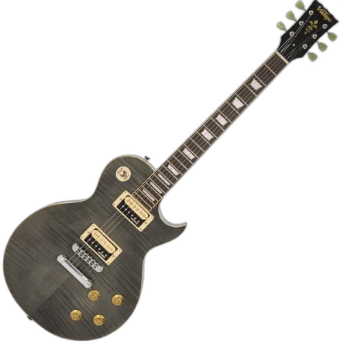 Guitarra Vintage V100T Reissued Flamed Thru Black com Corpo Mogno Braço Mogno Escala Rosewood 22 Trastes 2 Humbuckers Wilkinson Ponte TOM