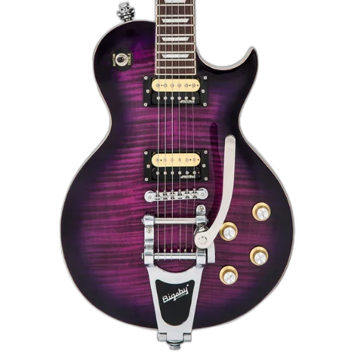 Guitarra Vintage V100 Reissued Bigsby Flamed Purpleburst com Corpo Mogno Braço Mogno Escala Rosewood 22 Trastes 2 Humbuckers Wilkinson Ponte TOM com Bigsby