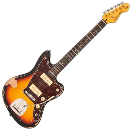 Guitarra Vintage V65 Icon Distressed Tobacco Sunburst com Corpo Alder Braço Maple Escala Rosewood 22 Trastes 2 Captadores Soapbar Wilkinson Ponte Vibrato Offset