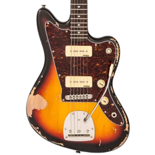 Guitarra Vintage V65 Icon Distressed Tobacco Sunburst com Corpo Alder Braço Maple Escala Rosewood 22 Trastes 2 Captadores Soapbar Wilkinson Ponte Vibrato Offset