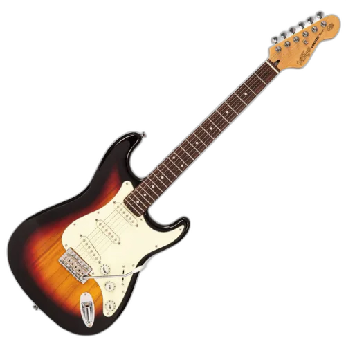 Guitarra Vintage V60 Coaster Series 3-Tone Sunburst com Corpo Paulownia Braço Maple Escala Rosewood 22 Trastes 3 Captadores Single Coil Entwistle Ponte Vibrato