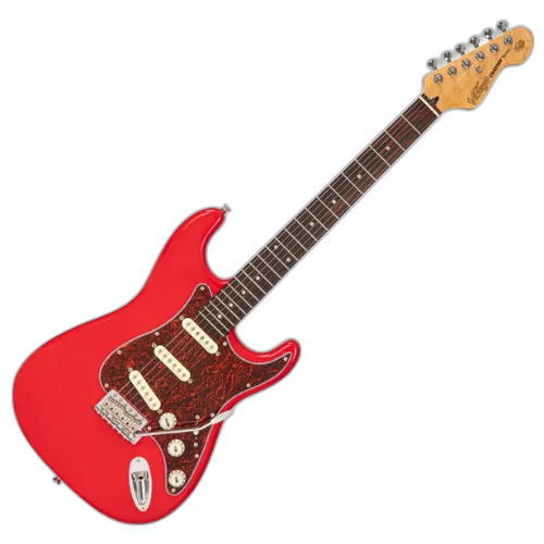 Guitarra Vintage V60 Coaster Series Gloss Red com Corpo Paulownia Braço Maple Escala Rosewood 22 Trastes 3 Captadores Single Coil Entwistle Ponte Vibrato