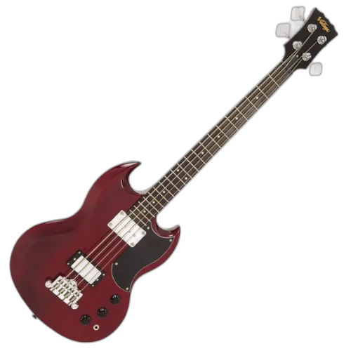 Contrabaixo Vintage VS4 Reissued Cherry Red com Corpo Mogno Braço Mogno Set Escala Rosewood 20 Trastes 2 Captadores Double Coil Wilkinson Ponte Fixed