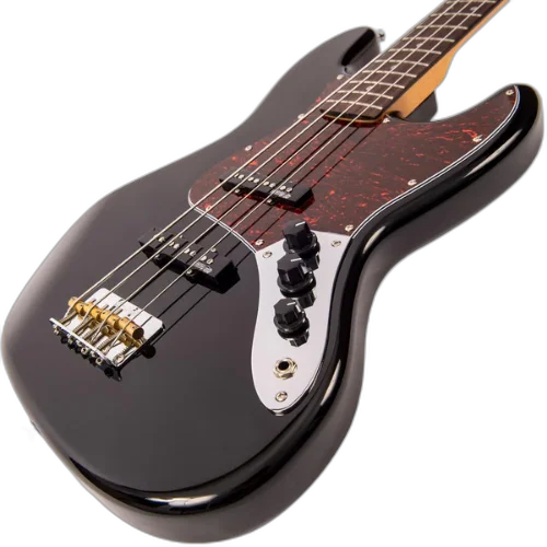 Contrabaixo Vintage VJ74 Reissued Gloss Black com Corpo Alder Braço Maple Escala Rosewood 20 Trastes 2 Single Coil Wilkinson Ponte Wilkinson Four Saddle