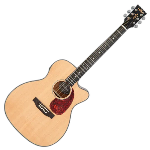 Violão Vintage VEC300N Stage Series Folk Cutaway Natural Eletroacústico com Tampo Spruce Sólido Corpo Mogno Braço Mogno Escala HPL 20 Trastes 3 Band EQ com Phase e Tuner