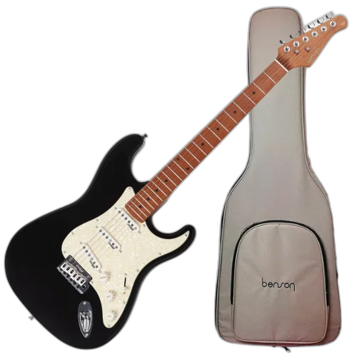 Guitarra Benson Hardy HD 901 BK APPG Black com Captadores Wilkinson Alnico 5 Single-Coil Ponte Wilkinson Tremolo 2 Pivôs Pickguard Aged Pearl e Bag