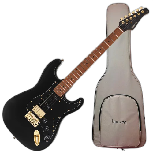 Guitarra Benson Hardy HD 902 BK BKPG GOLD Black com Captadores Wilkinson Alnico 5 HSS Ponte Wilkinson Tremolo 2 Pivôs Pickguard Black Hardware Gold e Bag