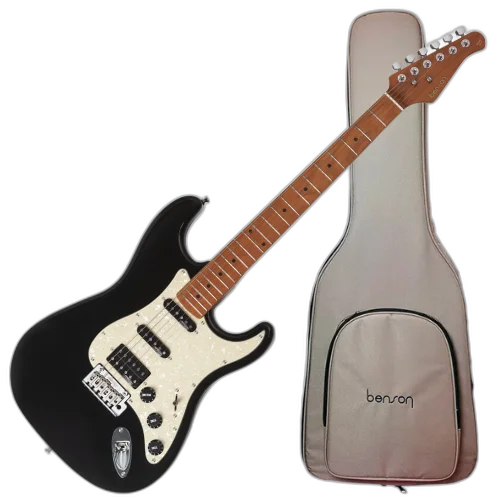 Guitarra Benson Hardy HD 902 BK APPG Black com Captadores Wilkinson Alnico 5 HSS Ponte Wilkinson Tremolo 2 Pivôs Pickguard Aged Pearl e Bag