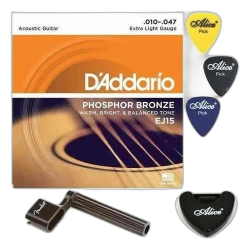 Kit Jogo De Cordas Violão Aço D'addario Ej15 + Acessórios
