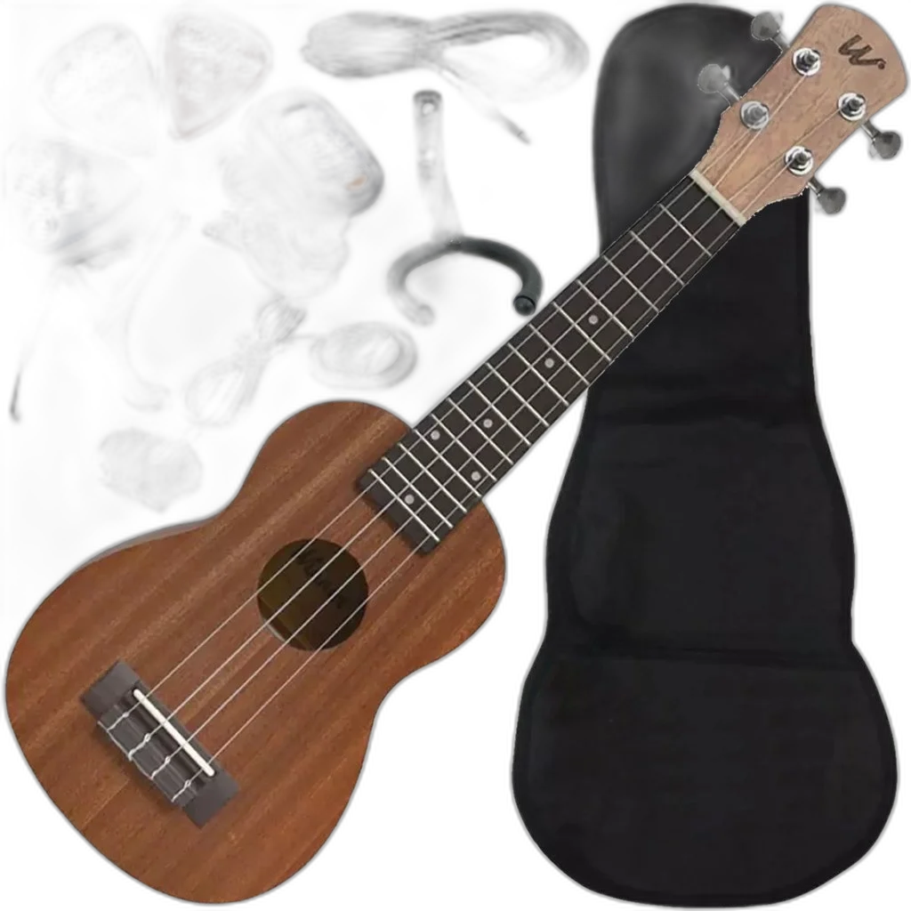 Kit Ukulele Soprano Elétrico Cordas Aquila Sapele Natural Winner Ux02